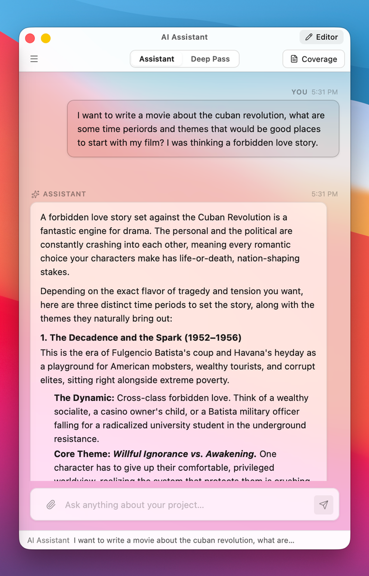The DraftBerry Assistant reading a script and reporting notes (light)