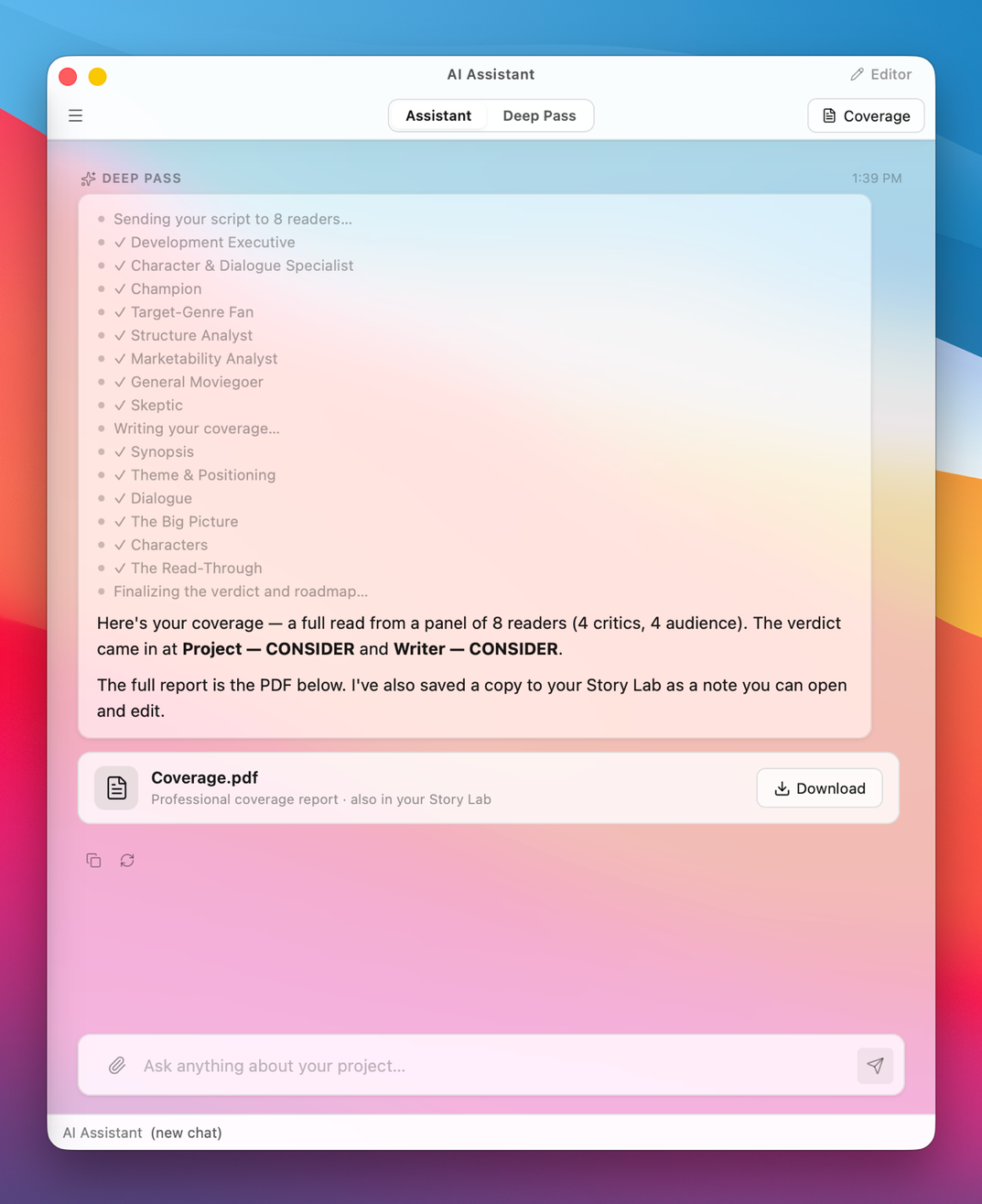 DraftBerry Coverage — an eight-perspective AI panel and one verdict, as a PDF (light)