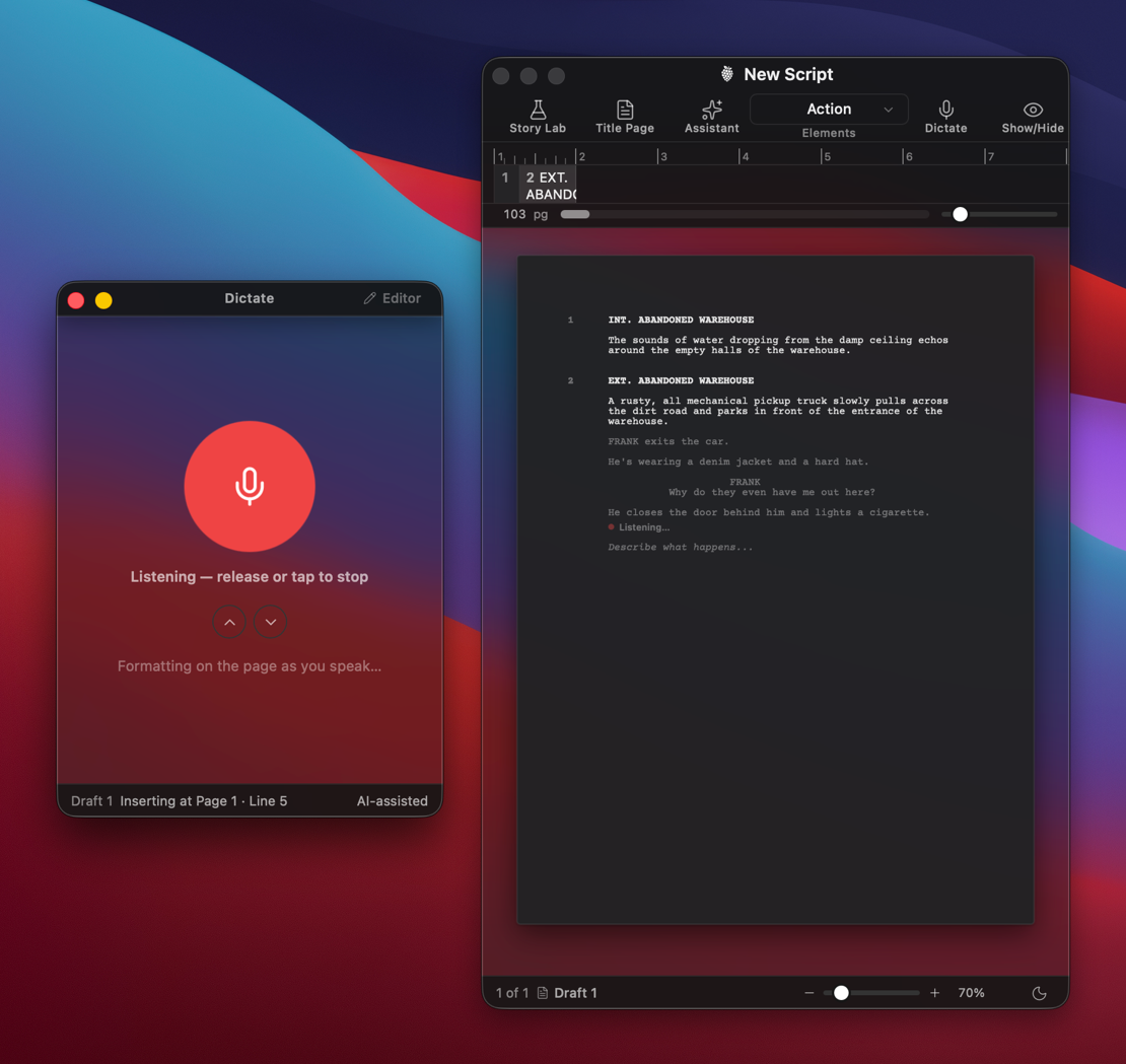 DraftBerry listening for dictation (dark)