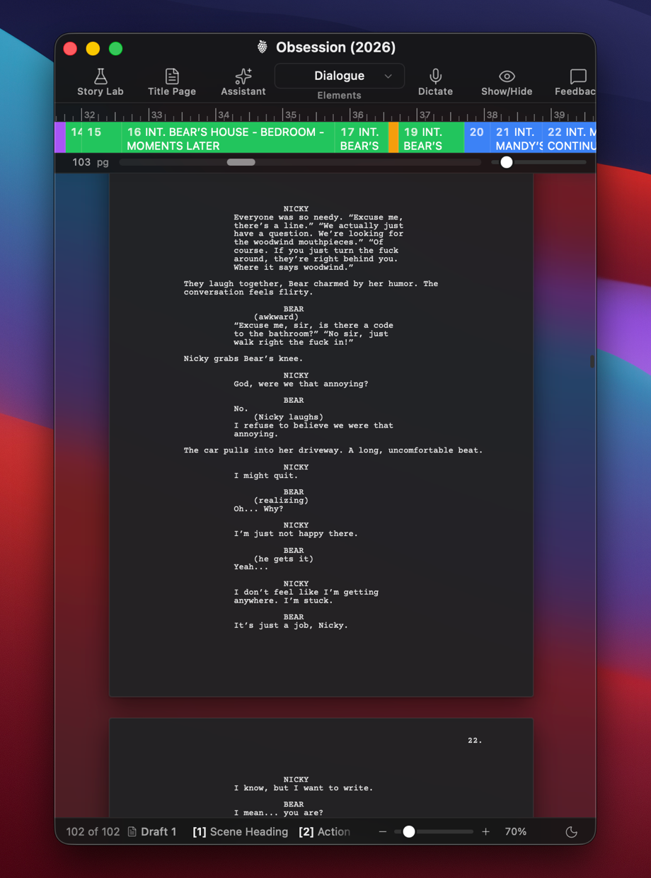 DraftBerry editor showing industry-standard screenplay formatting (dark)