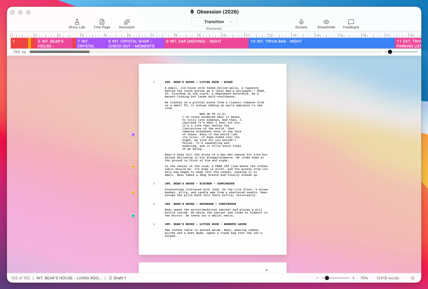 Writing a screenplay in the DraftBerry editor (light)