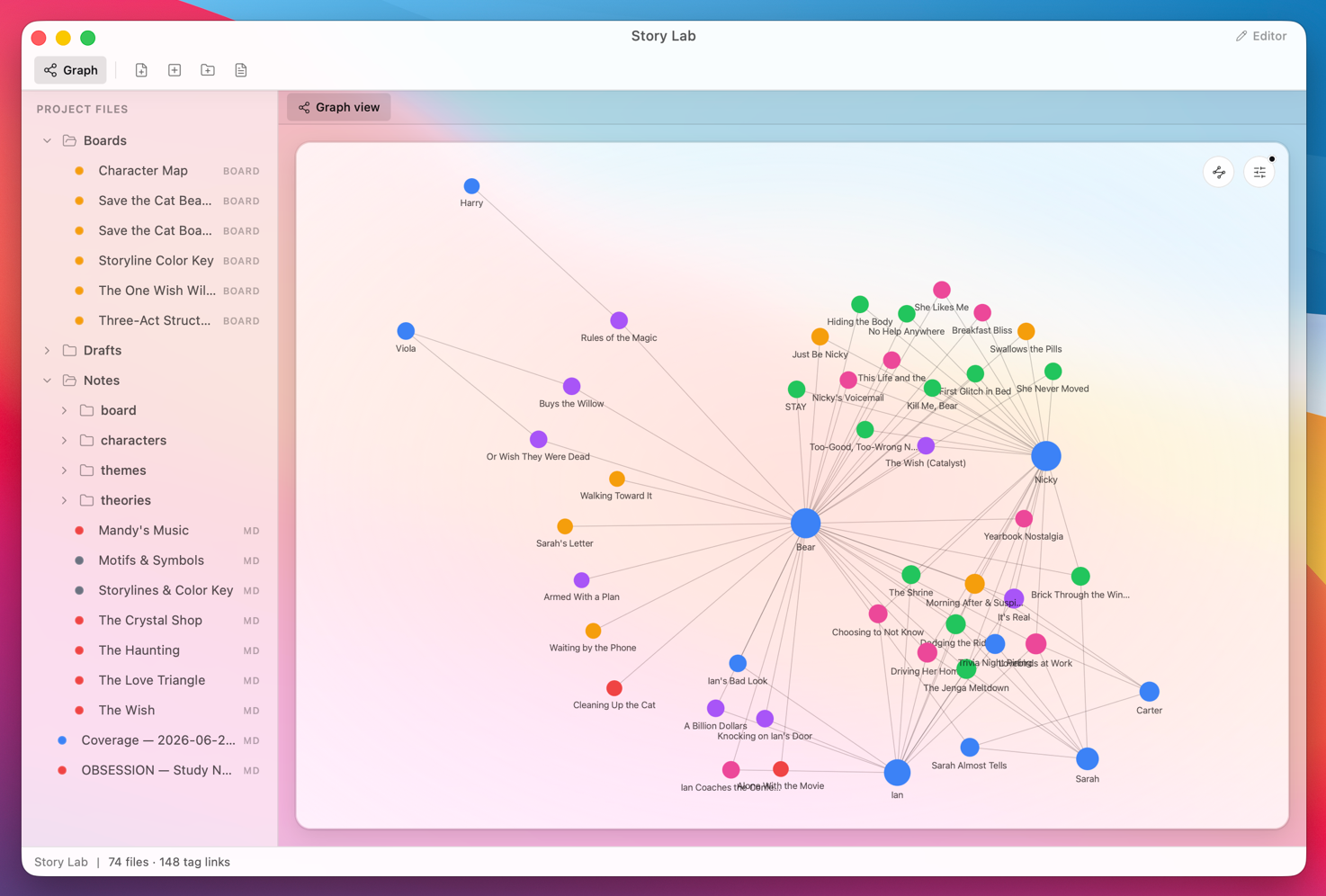 Story Lab graph view connecting characters and scenes (light)