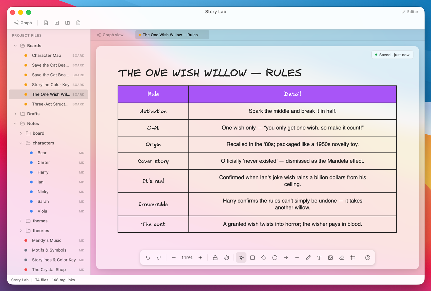 A worldbuilding rules table in DraftBerry Story Lab (light)